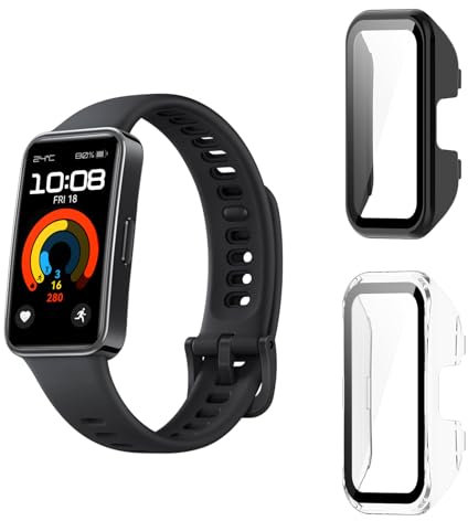 Aerku Funda Compatible con Huawei Band 10/Huawei Band 9/Huawei Band 8, Anti-Choque Parachoques Anti-rasguños Protector Duro PC Marco Cristal Templado Protector de Pantalla Funda - Transparente&Negro