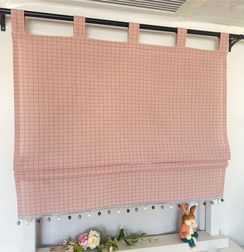 Vordesack Karo Raffrollo mit Perlenbesatz Landhaus Vorhang HxB 140x90cm | Blickdichter Faltrollo mit Schlaufen Gardinen Fensterbehang für Küche, Bistro & Café Wohnzimmer Raffgardine 1 Stück Pink