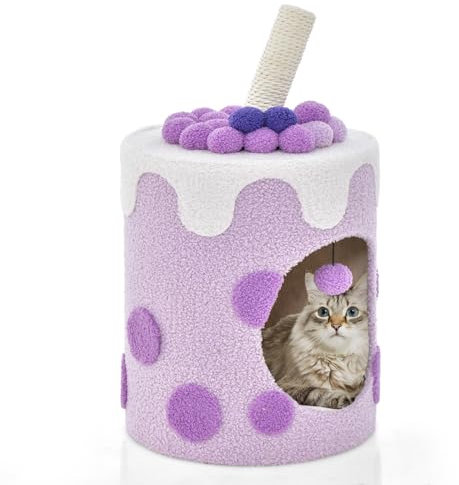 GYMAX Albero per Gatti 37 x 37 x 67 cm, Cuccia per Gatti con Tiragraffi, Palla Appesa, Casetta per Gatti con Cuscino Morbido, Mobili per Gatti Moderni per Interni (Viola)