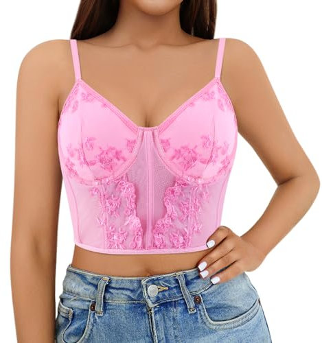 Naimo Corset en satin soyeux pour femme - Soutien-gorge push-up - Bretelles spaghetti - Sans manches - Camisole, Rose vif, S