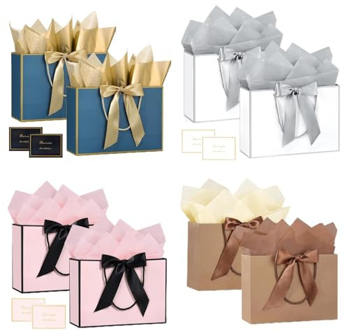 8 Stück Geschenktüten Groß - Geschenktasche mit Schleifen Papiertüten - mit Henkel Geschenke Tüten Gift Bag Geschenktüte - für Hochzeit Muttertag Taufe Geburtstag (1 Pack)