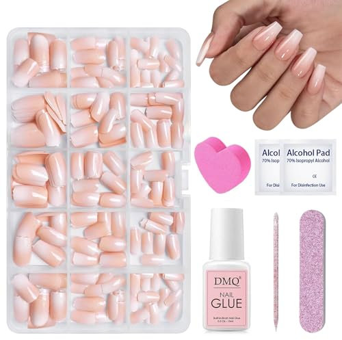 DMQ Coffin, Press on Nails Kit - Nude, White & Grad; 240 Set Coffin Nails, Soft Gel - 15 Sizes, Soak Off Acrylic for Nail Ext.