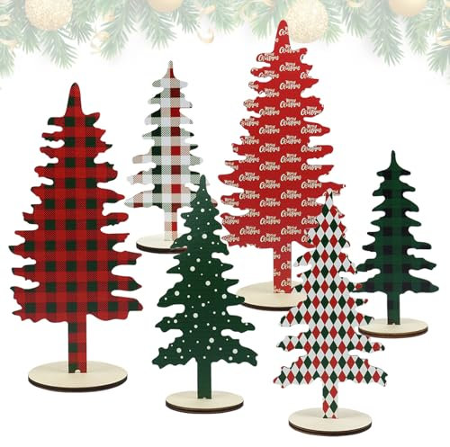 Mini Sapin de Noël, 6 Pièces Arbres Miniature Petit Sapin de Noel Artificiel Table, Mini Sapin avec Bases en Bois, Sapin en Bois, Sapin de noël décoré pour Décoration Noël, Table, Vitrines