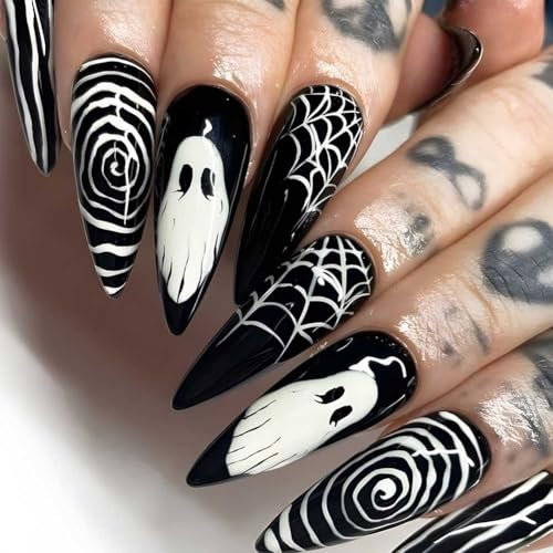 Carufin 24Pcs Striped Spider Web False Nail Halloween Ghost Face Bat Fake Nails Long Press On Nails for Women (A, 24)