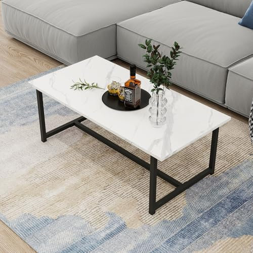 VERFARM Modern Rechteckiger Couchtisch, Wohnzimmertisch mit Metall Gestell, Industrie-Design, Einfache Aufbau, Sofatisch aus Holz, Beistelltisch, Stubentisch, 90x45x42cm Weiß