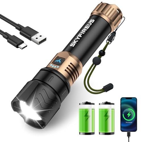 SKYFIRE LED Flashlights High Lumens,10000mAh Super Bright Rechargeable Flashlight,Zoomable,Four Modes,Waterproof Flash Light for Camping Essentials,Outdoor and Home Emergencies-No Lens