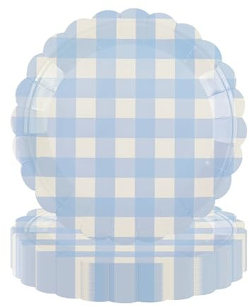 EVYIENEN Lot de 50 assiettes en carton festonnées bleu clair de 17,8 cm - Assiettes à dessert rayées pour gâteaux, salades, fruits, dîners, desserts, fournitures de fête d'anniversaire