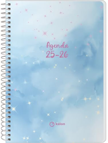 Q Kalon - Schulagenda 2025 2026 - Wochenansicht, Größe A5 (15x21 cm), Spanisch und Englisch, September bis Juni, Spiralbindung, Flexible Umschlag mit Schutzfolie - Sky