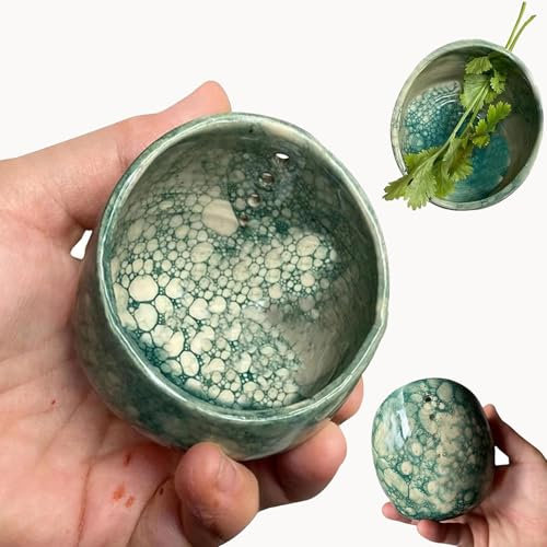 Pottery Herb Stripper, Pottery Herb Stripper Bowls, Ceramic Herb Stripper Bowl, Pottery Herb Stripper Cups, Handmade Different Round Hole Sizes, Kitchen Leaf Stripping Tools (Green)