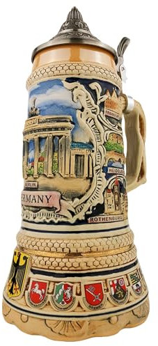 EVERSTYLE Bierkrug mit Deckel 0,7L – Deutschland Steinkrug mit XL-Boden – Brandenburger Tor auf der Vorderseite – Geschenk für Männer, Vater & zum Geburtstag – Ideal für Zuhause & Sammlung