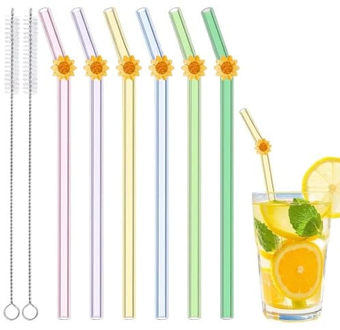 6 Pcs Glass Straws with 2 Cleaning Brushes, Cute Colorful Sunflower Glass Straw Shatter Resistant, Reusable Straws for Coffee Lover, Milkshake, Smoothies, Juice, Sunflower Gift