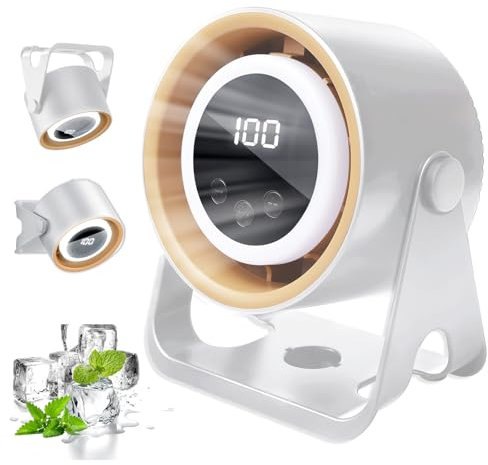 PORFOYO Kleiner Ventilator USB, Tischventilator mit Digitalanzeige 100 Geschwindigkeiten, 360° Drehung, Leise Wand- & Hängemontage, Camping Ventilator mit Nachtlicht, Tragbarer Camping Ventilator