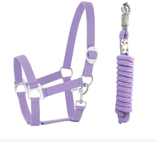 Halfter Führstrick Set mit Panikhaken verstellbar Pferdehalfter Pferd Holzpferd Anbindestrick (Panikhaken Lavender, Mini Shetty)