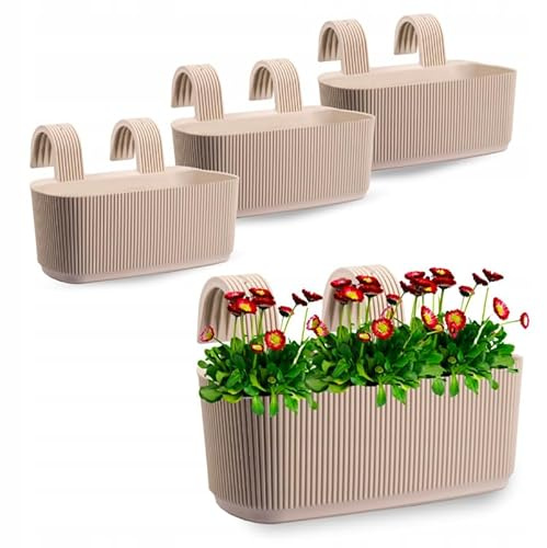OMAGO® Set aus Kunststoff-Balkonkisten, Elegante Blumenkästen für Blumen und Kräuter, für Balkon und Terrasse, 3er-Set, Farbe: Beige