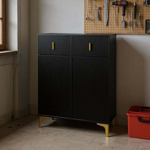 HOMYLIN Armoire à outils à plusieurs niveaux avec tiroirs et étagère de rangement – Organiseur d'atelier et de garage avec pieds en métal doré, noir