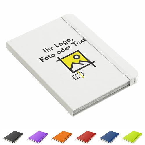 Personalisiertes Notizbuch Set Mit eigenem Logo Foto oder Text UV-Druck in Premium Qualität A5 Hardcover Journal Ideal für Firmen Events & Werbegeschenke A5 (Weiß)