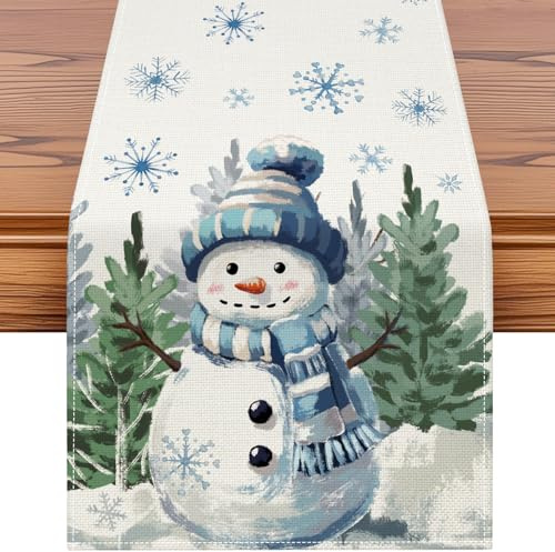JOTOM Weihnachten Tischläufer, Tischband Küche Esstisch Dekoration für Party Wohnzimmer Esszimmer Garten, Innen & Außen Weihnachtstischdecke Weihnachtsdeko (40x140cm, Schneemann mit Blauen Schal)