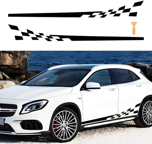 1Paar Stilvoll Auto Renn-Türrock Streifen karierter Aufkleber, Universeller Auto Racing Motorhaube Karosserie Seite Streifen karierter Aufkleber, Wasserdichtes Vinyl Dekor für Autos SUV Geländewagen