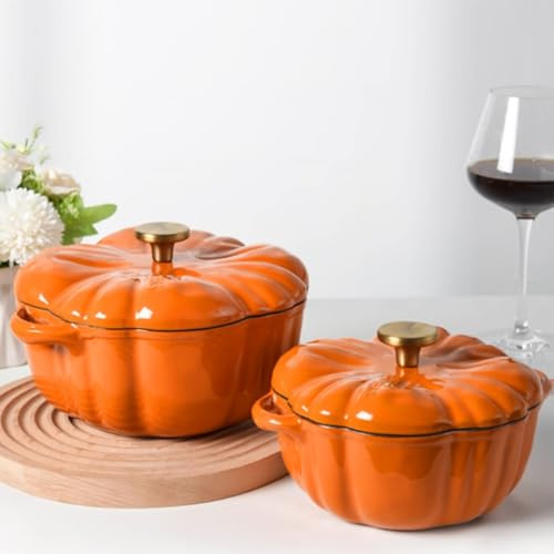 Marmite Citrouille,Cocotte en fonte émaillée avec couvercle,Casserole citrouille,Passe au four et à la cuisinière pour Halloween,Thanksgiving(Small)
