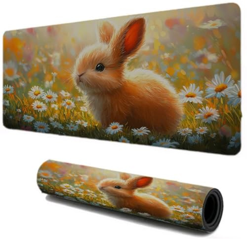 Schreibtischunterlage Kaninchen, Mauspad 600x300, Gaming Mauspad Blumen, Mouse Pad für Tastatur, Rutschfester Gummibasis und Genähten Kanten, Home Office Gadgets für Arbeit, Gaming, Studium I-387