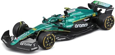 Bburago – Aston Martin AMR25 Formel 1 2025#14 Alonso, Diecast-Modellauto im Maßstab 1:43 mit Helm und Vitrine, offizielle F1-Replik, realistische Details, empfohlenes Alter 14+ Jahre