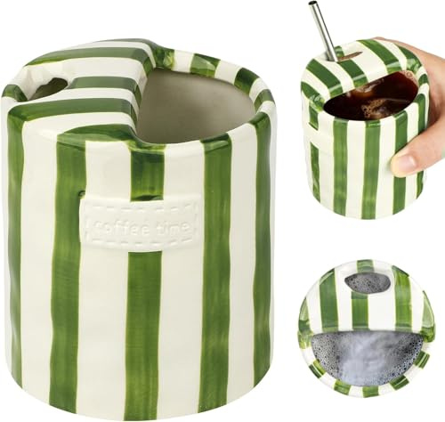 Fanxinzttc Novelty Ceramic Coffee Mug Designed to Look Like a Gift Box, Retro Hand-Painted Striped Ceramic Coffee Mug, 10oz Ceramic Cup for Milk, Coffee, Juice, Latte, Hot and Cold Drinks (Green)
