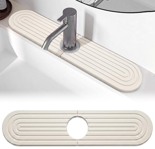 Tappetino Lavello Cucina in Diatomite, Paraspruzzi Lavandino ad Asciugatura Rapida, Tappeto Assorbente per Rubinetto Bagno e Cucina (Bianco, 45x10cm)