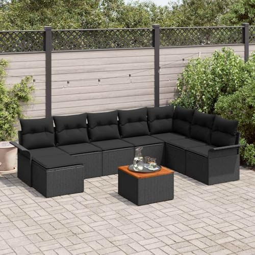 Modulares Gartensofa-Set 9-teilig aus schwarzem Polyrattan vier Sessel, Eckbank, zwei Armlehnsofas, Fußhocker und Tisch, Akazien-Akzenten und Ausziehbar