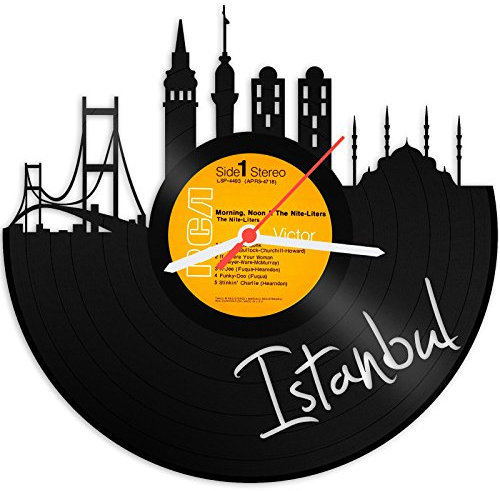 GRAVURZEILE Schallplattenuhr - Skyline Istanbul - Wanduhr aus gegossenem Vinyl mit Stadt Skyline 30 cm - Upcycling Design-Uhr Wand-Deko Vintage-Uhr Wand-Dekoration Retro-Uhr - Made in Germany