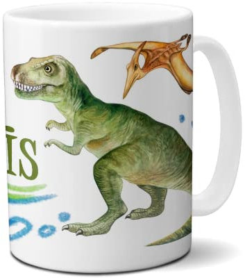 Kilala Tasse mit Dinos Kindergarten-Becher Geschenk weiß grün personalisierbar mit Namen