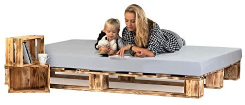 sunnypillow 200x200 cm Palettenbett aus Holz Holzbett Massivholzbett Bett aus Paletten Palettenmöbel Geflammt Vintage europalette 80 90 100 120 140 160 180 200 220 240 x 200 cm