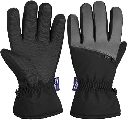 BRUBAKER Skihandschuhe Wasserdicht und Winddicht mit Reißverschluss Tasche - Winterhandschuhe für Herren und Damen - Warme Snowboardhandschuhe - Thermo Handschuhe für Ski Snowboard - Schwarz Grau M/L