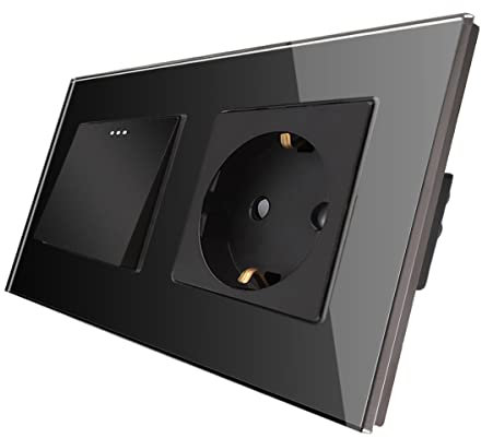 CNBINGO Schuko Steckdose mit Lichtschalter unterputz, Schwarz Wandschalter mit Glasplatte, mit Leuchtstoffpunkten, 1-Fach, 1- poliger Ausschalter
