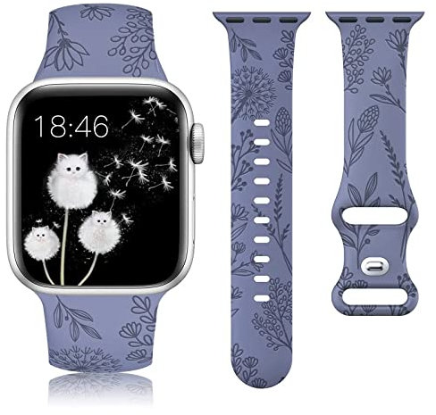 TOYOUTHS Floral Engraved Strap Compatible with Apple Watch 38mm 40mm 41mm 42mm, Soft Silicone Sport Strap with Dandelion Pattern Replacement for iWatch Series 10/9/8/7/6/5/4/3/2/1/SE, Ice Blue