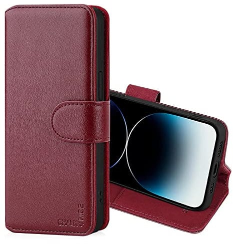 CHALK & HIDE - Real Leather Book Wallet Flip Case Cover For Apple iPhone 14 Pro (6.1), Real Leather Design With Card Slot, Magnetic Closure and Built In Stand - Burgundy