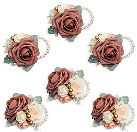 Soulfloral Damen Vintage Dusty Rose Handgelenk Ansteckblume Braut Braut Brautjungfer Soft Touch Schaumstoff für rustikale Hochzeit Abschlussball Blume Jahrestag Zeremonie Brautdusche Set von 6 Stück