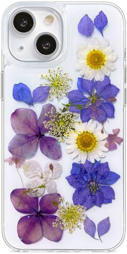Efitoo for iPhone 13/14/15 Case Flower Pattern Cute Clear with Purple Daisy Dried Pressed Floral Design Flexible Silicone TPU Aesthetic Protective Women Girl's Phone Cover