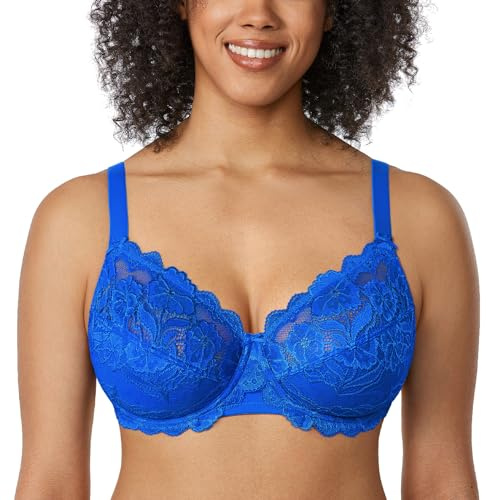 Delimira Women's Full Coverage Non-Foam Floral Lace Plus Size Underwired Bra Sparkle Blue 36I