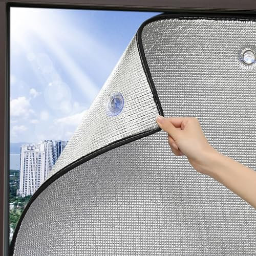 Sonnenschutz Wärmedämmung Dämmfolie Doppelte Aluminium Isolierfolie UV-Schutz Selbstklebend Sichtschutzfolie für Fenster,Mit Saugnapf Verdunkelungsfolie (55x100cm/22x39in)