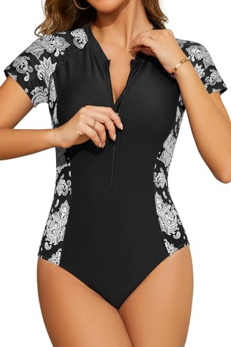 SHEKINI Women's One Piece Rash Guard Short Sleeve 1/4 Zip up Swimsuit Quick Dry Bathing Suit Build in Bra Swimming Costume, Black Floral, L