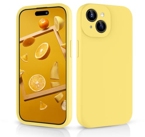 CALOOP Slim-Fit for iPhone 15 Case,Skin Soft Liquid Silicone,Sturdy Hard Frame Shockproof Cover with Anti-Scratch Microfiber Lining,Full Protection for Screen and Lens,6.1 inch (Lemon Yellow)