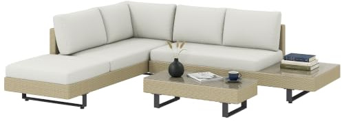 Outsunny Conjunto de Jardín Exterior de Ratán de 3 Piezas Resistente Beige | Muebles Jardín Exterior, Incluye Cojines, Sofá de 3 Plazas, Sofá de 2 Plazas con Mesa Lateral, Mesa Centro de Vidrio