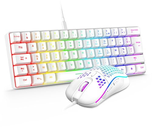 RedThunder 60% Ensemble Clavier et Souris 2-en-1 Gamer, AZERTY FRANÇAIS, Mini Clavier Ultra-Compact Rétroéclairé RGB 62 Touches, Souris Légère 6 Boutons 7200 DPI pour PC Mac PS5 Xbox (Blanc)