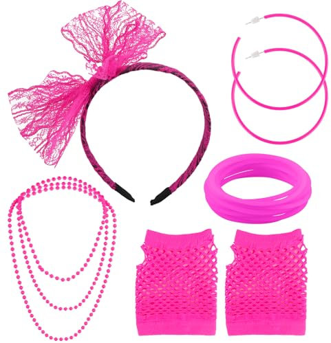 Déguisement Année 80,Deguisement Annee 80 Femme,Deguisement Annee 80,5 Pièces Rose Vif,Tenue Annee 80 Femme,Accessoire Annee 80,Deguisement Fluo,Déguisement Année 80 Femme,Accessoires Annee 80