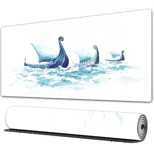 EOMKSE Grand Tapis de Souris de Jeu,Viking, Portrait de Drakkars Vikings dans des navires en Bois Brut,avec Bords surpiqués et Dos antidérapant,sous-Main pour Clavier et Souris,30x80 cm