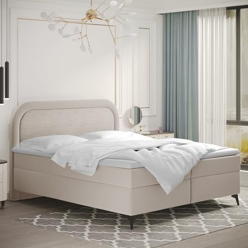 Kaiser Möbel Valentino Boxspringbett mit bettkasten 160 x 200 cm matratze Topper Doppelbett Bettgestell Stilvoll Schlafzimmer Rahmenbettgestell POSSO Stoff Ecru