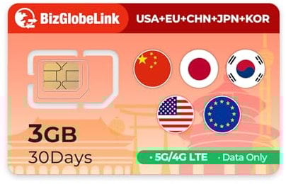 EIOTCLUB Tarjeta SIM de viaje global, 3 GB de datos durante 30 días, para Estados Unidos, China, Corea del Sur, Japón y 33 países de Europa, recarga de datos, sin teléfono ni SMS, plug and play
