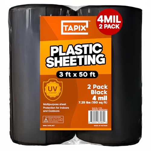 Black Plastic Sheeting Roll 3'x50' (2 Pack) – 4 Mil UV Protected, Weed Barrier & Landscape Plastic for Gardening, Root Blocker & Moisture Barrier, Protective Covering for Painting & Equipment