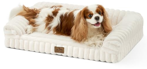 COZY KISS Orthopädisches Hundebett für Mittelgroße Hunde 76x50x15cm – Hundesofa mit Weichem Kunstfell & Cordbezug, Eierförmiger Kistenschaum, Ergonomischer Hundekorb, Abnehmbar & Waschbar, Creme