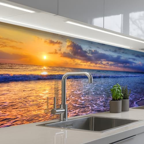 KitchenYeah© Spritzschutz Küchenrückwand Selbstklebend Küche Rückwand | 60x200 cm - Küchenwand Wand Küchenfront Verkleidung Küchenspritzschutz Meer - Strand - Sonnenuntergang - Wolken - Horizont